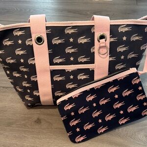 Lacoste Black Tote with Pink Logo Pattern and Matching Pouch